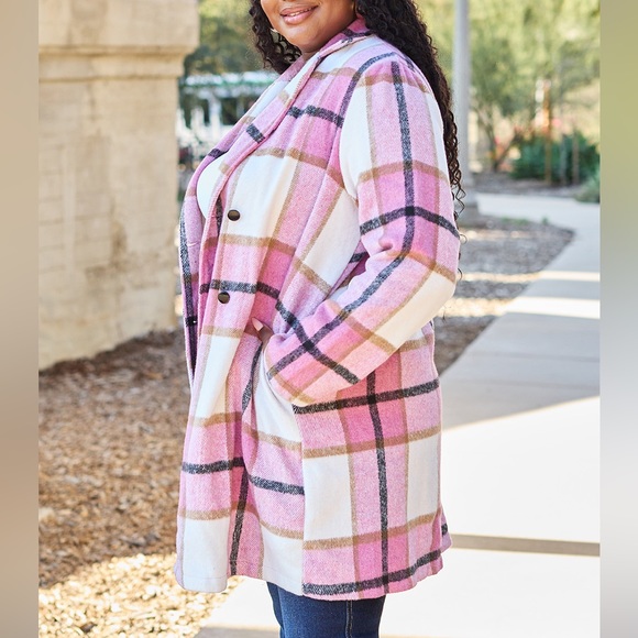 NEW Double Take PLUS + REG Size Pink Plaid Button Up Notched Lapel Collar Coat - Picture 2 of 7